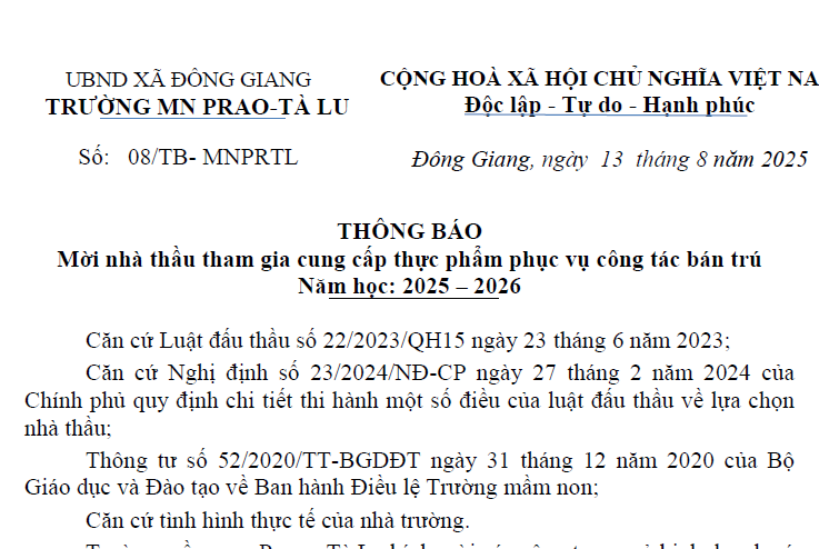 THÔNG BÁO MỜI THẦU